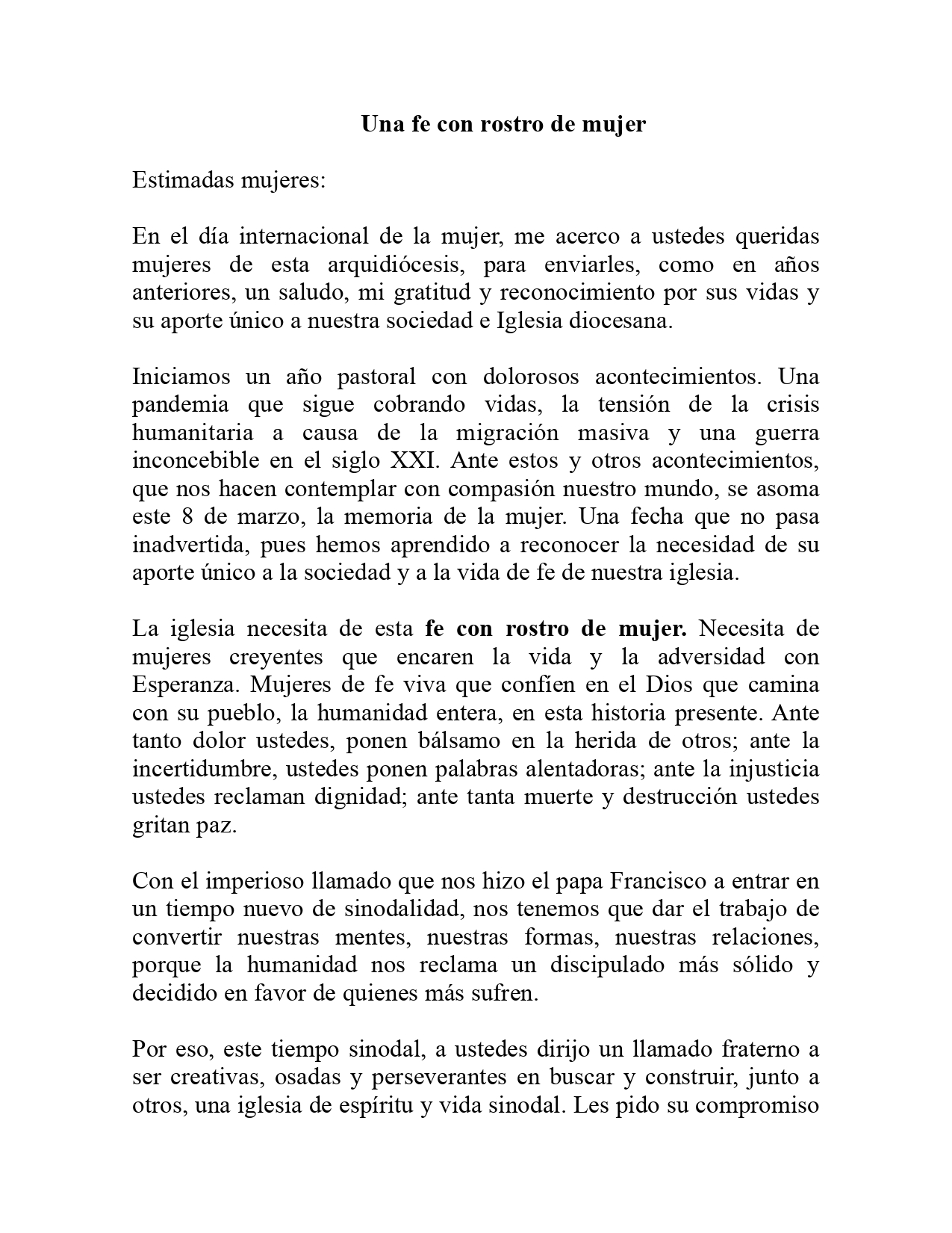 Mensaje Día Internacional de la Mujer Arzobispo de Antofagasta page 0001