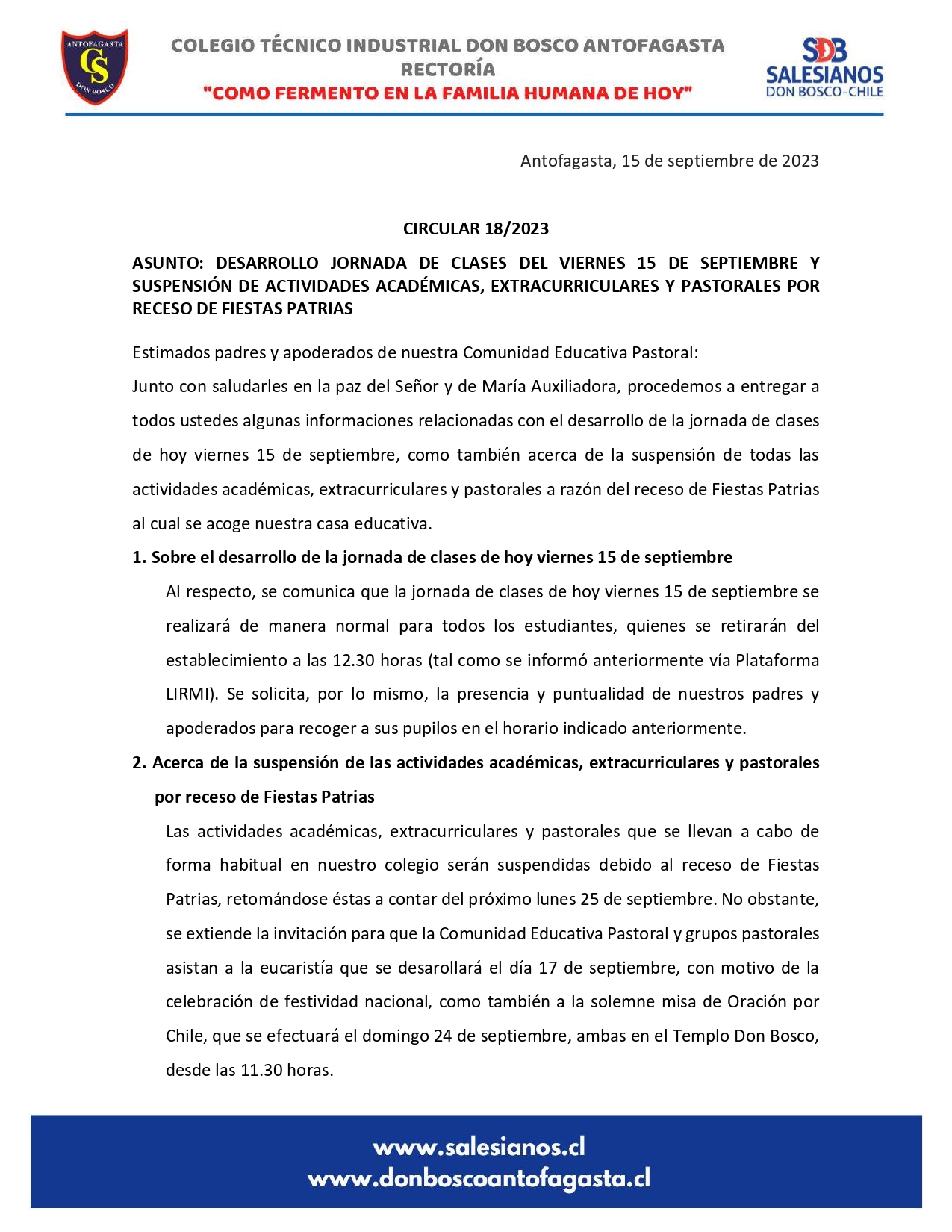 Circular 18 2023 DESARROLLO JORNADA DE CLASES DEL VIERNES 15 DE SEPTIEMBRE Y SUSPENSIÓN DE ACTIVIDADES ACADÉMICAS EXTRACURRICULARES Y PASTORALES POR RECESO DE FIESTAS PATRIAS page 0001