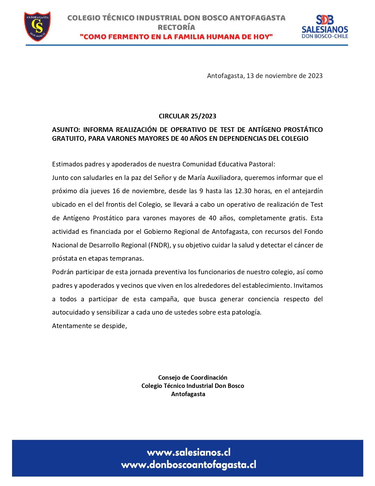 Circular 25 2023 INFORMA REALIZACIÓN DE OPERATIVO DE TEST DE ANTÍGENO PROSTÁTICO GRATUITO PARA VARONES MAYORES DE 40 AÑOS EN DEPENDENCIAS DEL COLEGIO page 0001