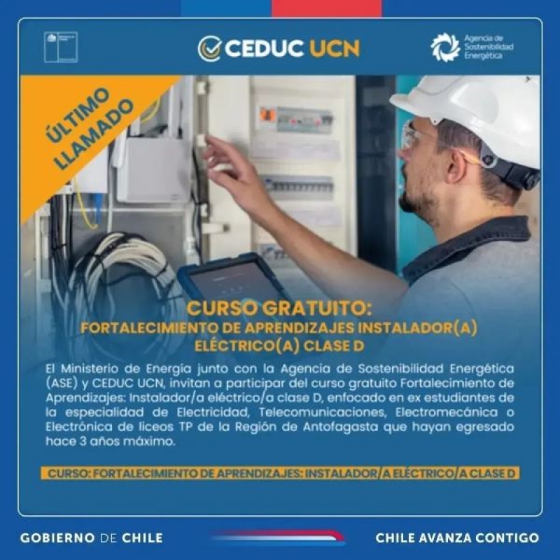 Curso gratuito “Fortalecimiento de aprendizajes - Instalador eléctrico clase D” para egresados